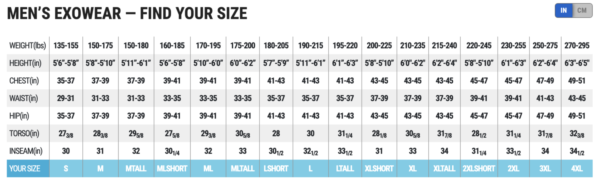 Exowear Size Chart